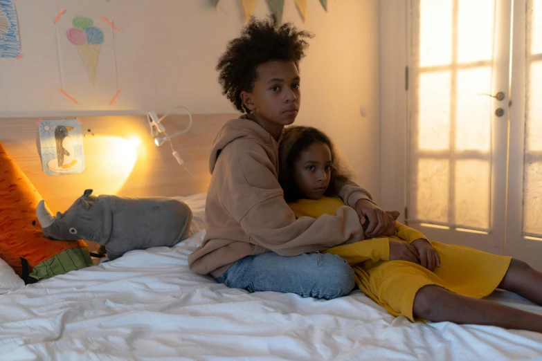 a couple of kids sitting on top of a bed, pexels, realism, african american girl, nightmares, medium shot of two characters, ( ( theatrical ) )