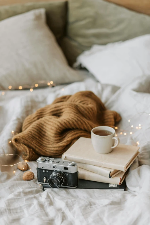 a coffee cup sitting on top of a bed next to a camera, a still life, by Elaine Hamilton, unsplash contest winner, romanticism, string lights, brown and cream color scheme, storybook style, fall season