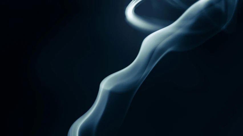 a close up of smoke on a black background, inspired by Raoul De Keyser, curls and curves, light blue mist, cigarette dangling