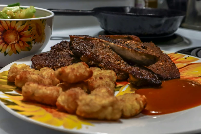 a plate of food sitting on top of a stove, by Carey Morris, juicy meat, mutton chops, ariel perez, thumbnail