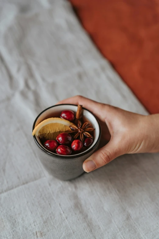 a close up of a person holding a cup of food, a still life, crimson and grey color scheme, holiday vibe, amber, botanicals