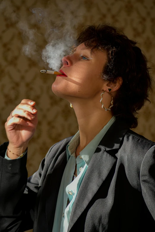 a woman in a suit smoking a cigarette, inspired by Nan Goldin, unsplash, renaissance, ganja, hunter biden smoking crack, portrait of max caulfield, highly relaxed