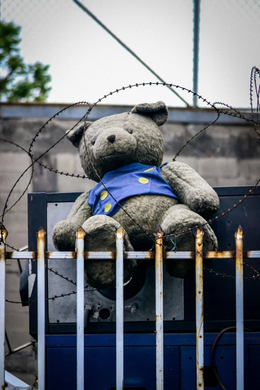 a teddy bear sitting on top of a fence, inspired by Banksy, graffiti, a bulletproof vest, gate, at the world cup, 🚿🗝📝