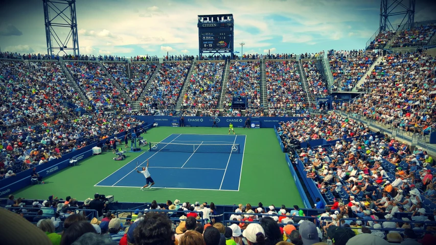 a crowd of people watching a tennis match, by Carey Morris, pexels contest winner, photorealism, square, skybox, gif, podium