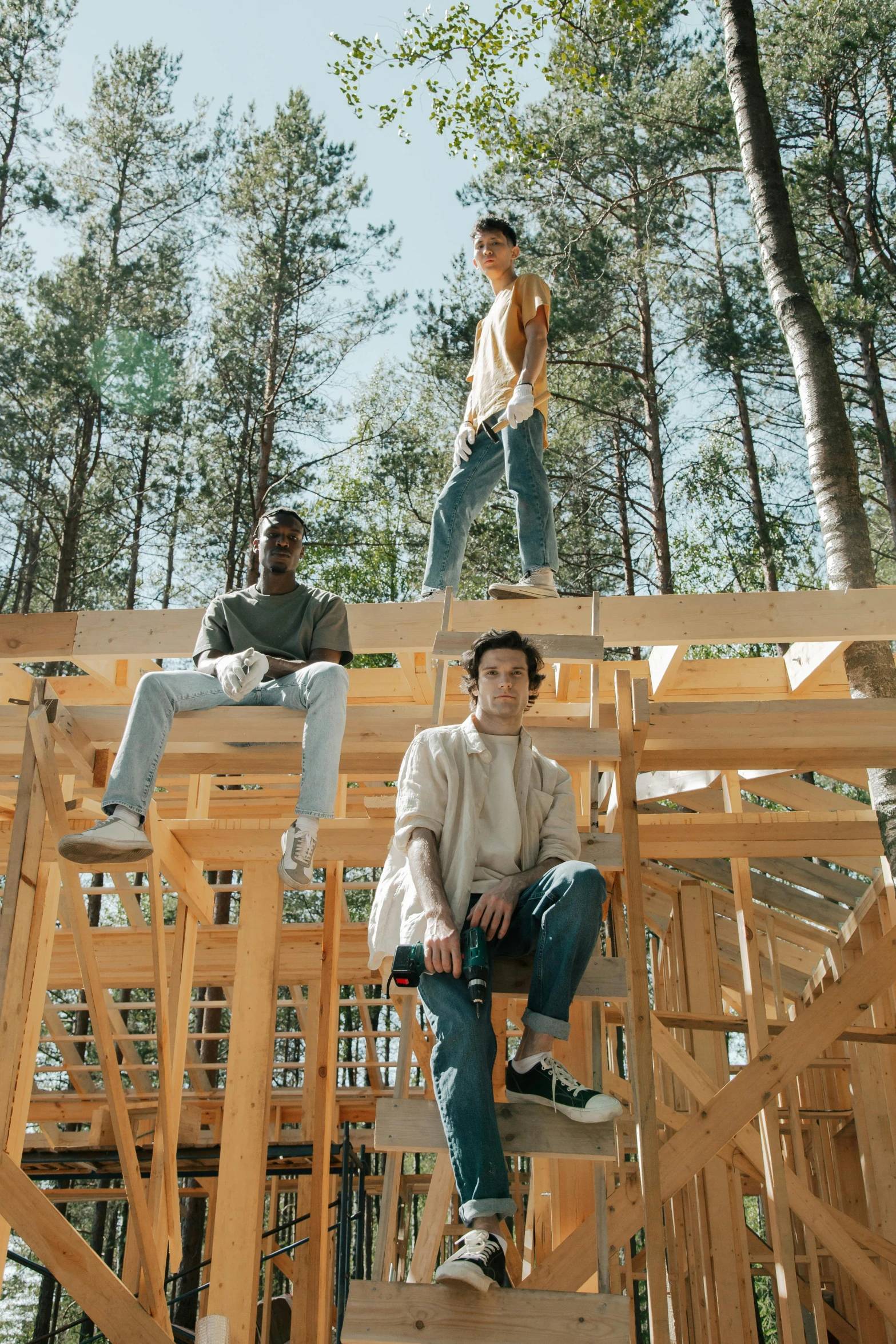 a couple of men sitting on top of a wooden structure, rex orange county, profile image, tree house, group photo