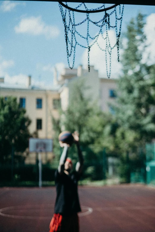 a person standing on a basketball court holding a basketball, by Attila Meszlenyi, unsplash, magical soviet town, swings, unfocused, let's play