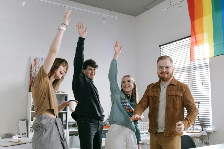 a group of people standing next to each other in a room, pexels contest winner, triumphant pose, casual game, sat in an office, avatar image