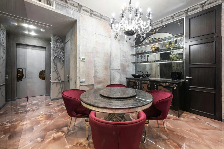 a dining room with a marble table and red chairs, by Emma Andijewska, unsplash, art nouveau, neo kyiv, with crystals on the walls, titanium, located in hajibektash complex