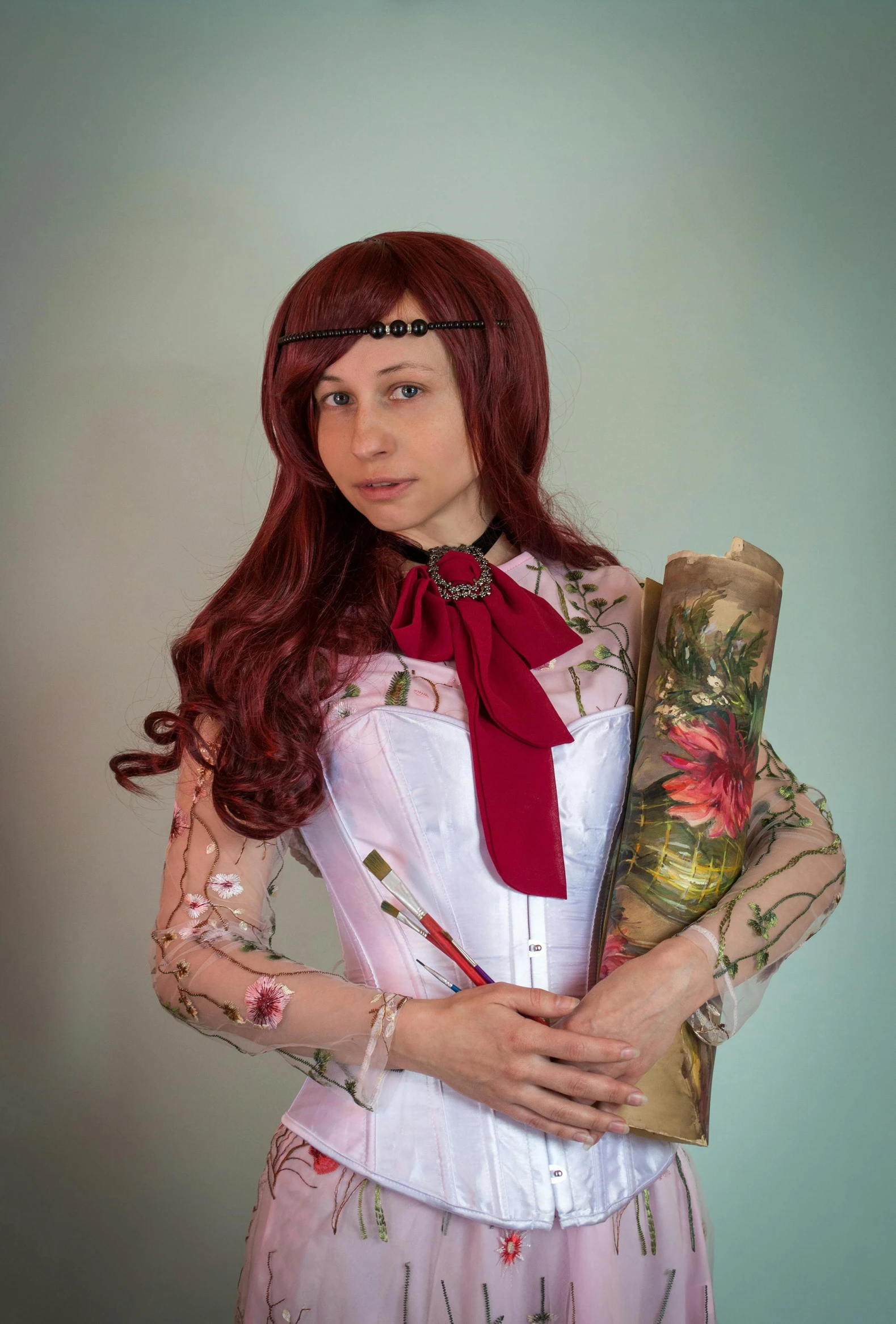 a woman holding a bunch of flowers in her hands, a character portrait, inspired by Hilde Goldschmidt, featured on deviantart, triss merigold cosplay, ann takamaki from persona 5, hand painted textures on model, portrait ezio auditore as female