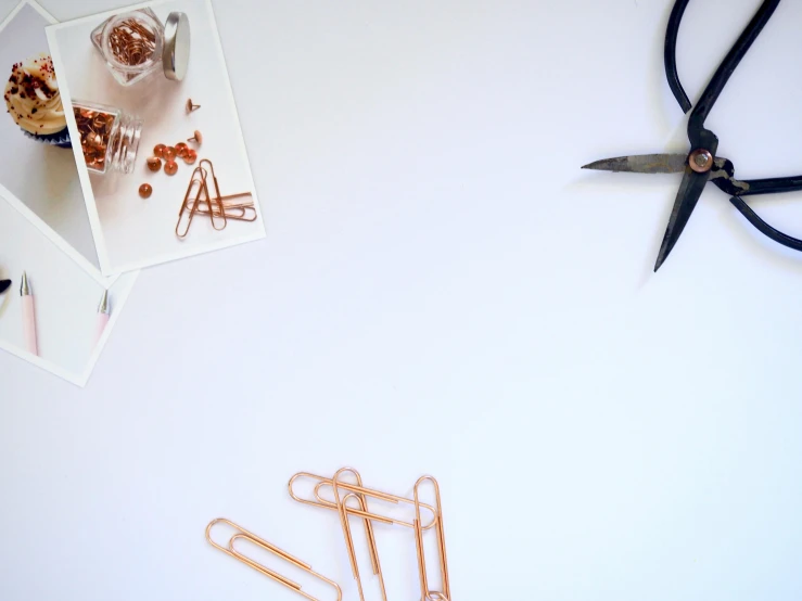 a pair of scissors sitting on top of a table, by Emma Andijewska, trending on pexels, process art, cyber copper spiral decorations, white backround, background image, staples