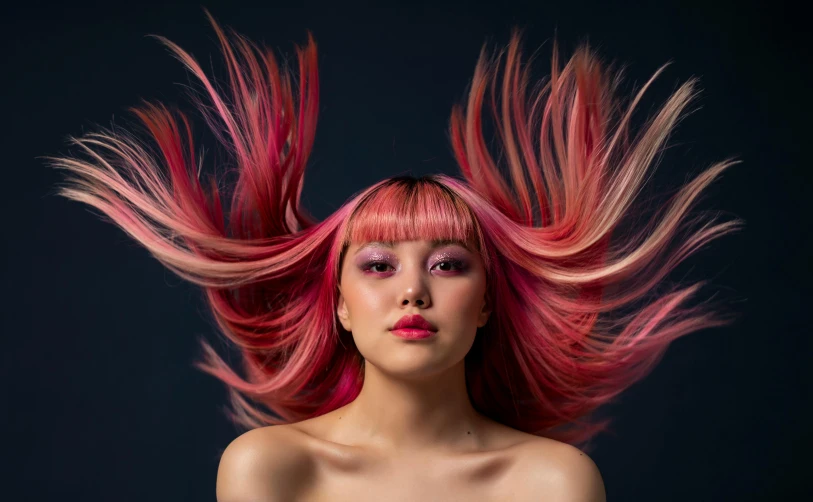 a woman with pink hair blowing in the wind, inspired by Cosmo Alexander, trending on pexels, maximalism, long hair with full bangs, full dynamic colour, chinese woman, color studio portrait