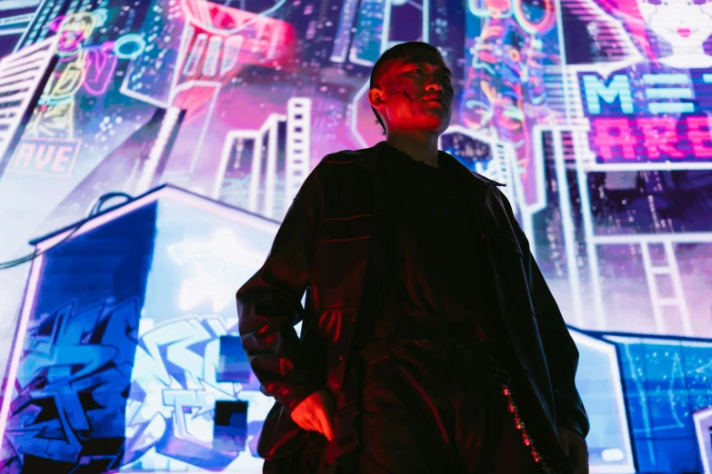 a man standing in front of a neon city, afrofuturism, photograph of a techwear woman, shigeto koyama, concert, backdrop