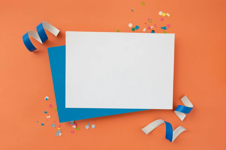 a blank card surrounded by confetti on an orange background, by Julia Pishtar, white and blue, birthday party, whiteboards, blue / grey background
