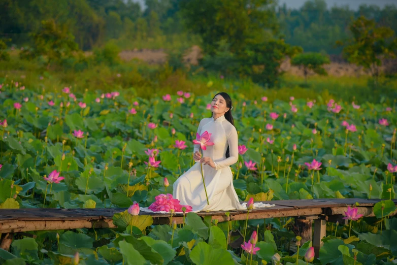 a woman sitting on a dock in a field of flowers, inspired by Li Di, pexels contest winner, ao dai, standing gracefully upon a lotus, movie still 8 k, festivals