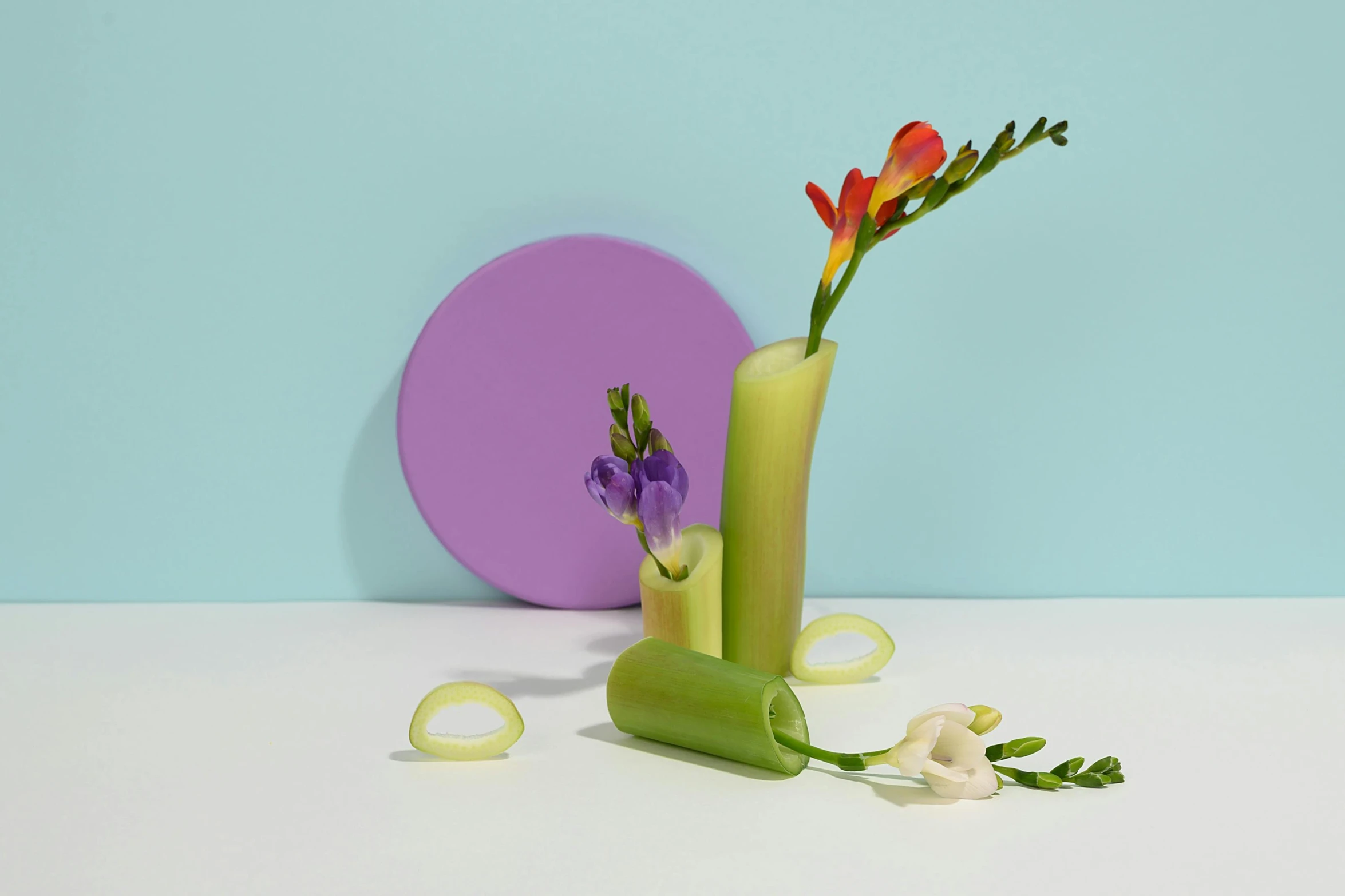 a vase that has some flowers in it, a still life, inspired by Jeff Koons, shutterstock contest winner, award winning food photography, green and purple, broken composition, sleek round shapes