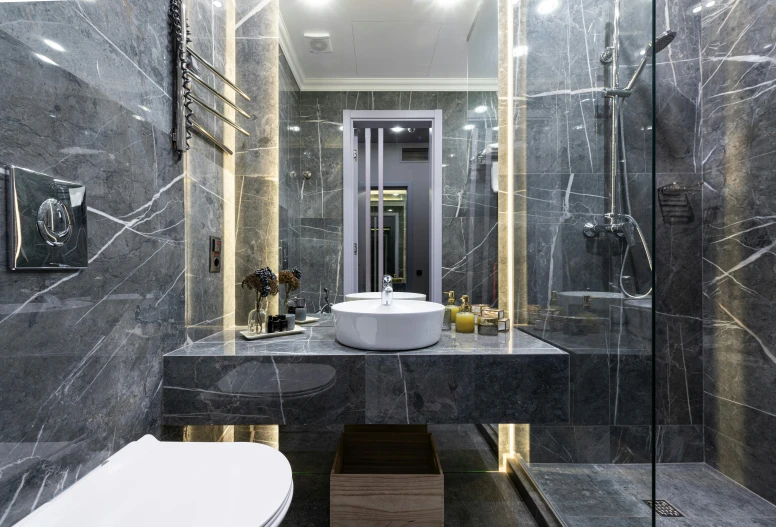 a bath room with a toilet a sink and a mirror, by Julia Pishtar, neo kyiv, black marble, with professional lighting, thumbnail