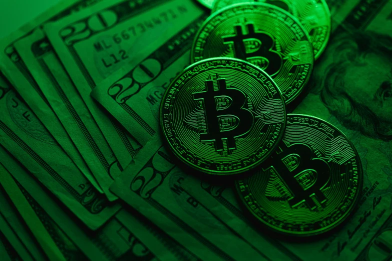 a pile of money sitting on top of a pile of money, a digital rendering, by Meredith Dillman, pexels, bottom up green lighting, bitcoin, photograph credit: ap, looking threatening