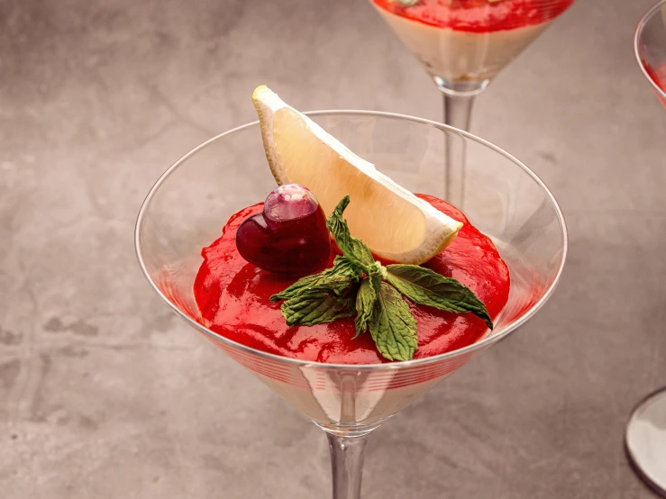 a couple of glasses filled with food on top of a table, cherries, profile image, dessert, mint