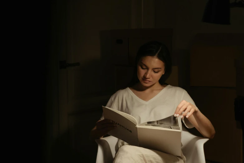 a woman sitting in a chair reading a book, pexels contest winner, hyperrealism, nightgown, low spacial lighting : :, ignant, neutral lighting