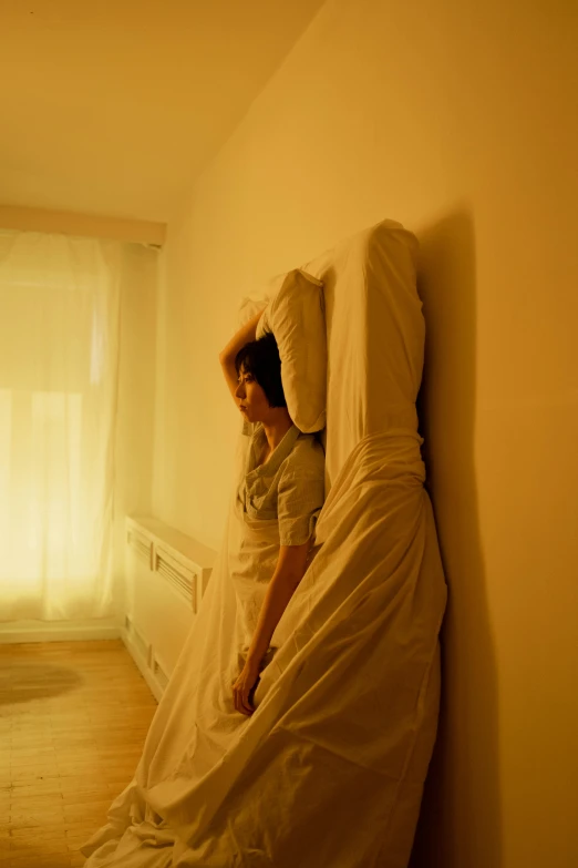 a couple of people sitting on top of a bed, inspired by Nan Goldin, unsplash, romanticism, an ahoge stands up on her head, capsule hotel, soft light - n 9, hila klein