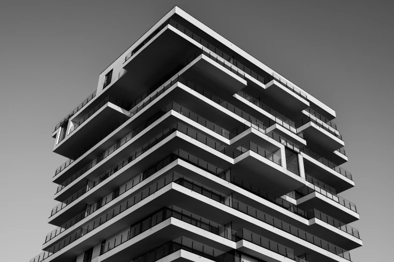 a black and white photo of a tall building, by Matthias Weischer, pexels contest winner, brutalism, square lines, penthouse, architectural painting, low detailed