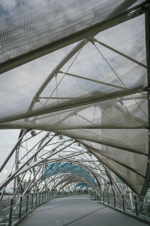 a close up of a bridge with a sky background, inspired by Buckminster Fuller, temporary art, greenhouse, awnings, mesh roots, swirling fabric