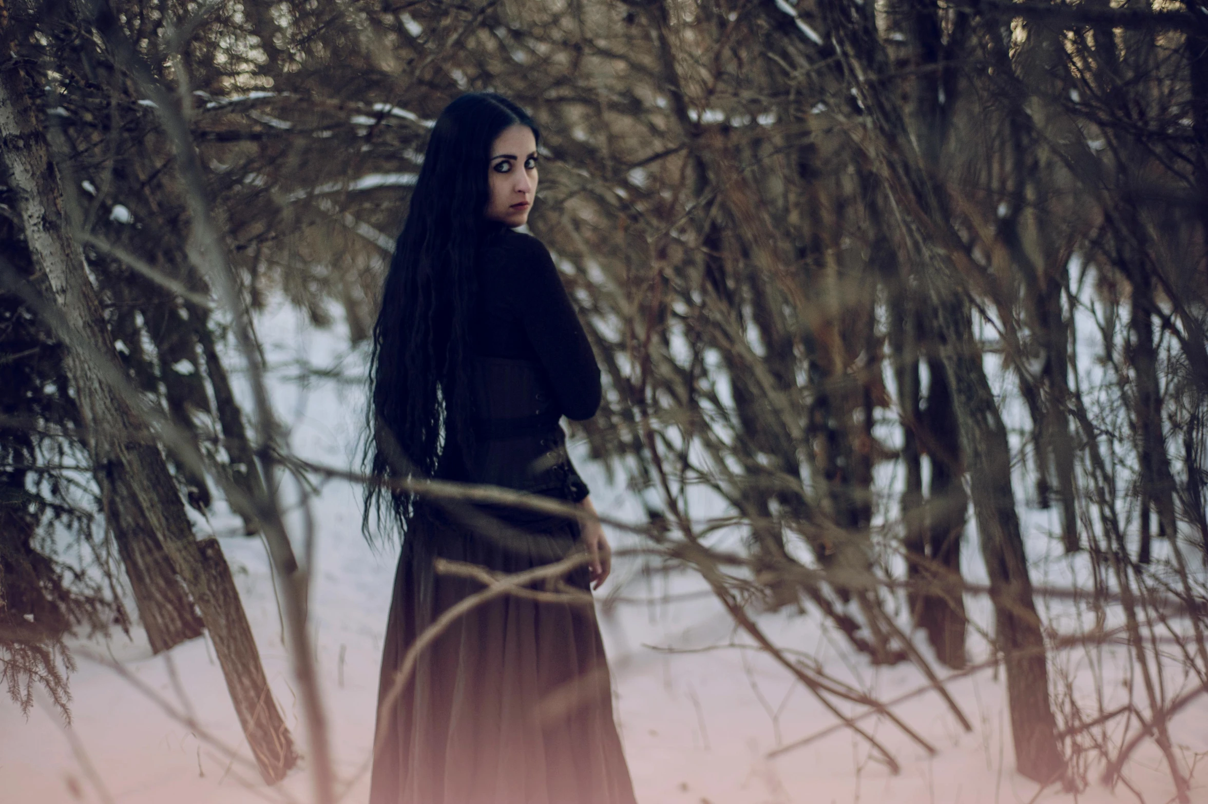 a woman in a long black dress standing in the snow, an album cover, inspired by Elsa Bleda, pexels contest winner, gothic art, girl with black hair, in the wood, pale-skinned persian girl, grungy woman