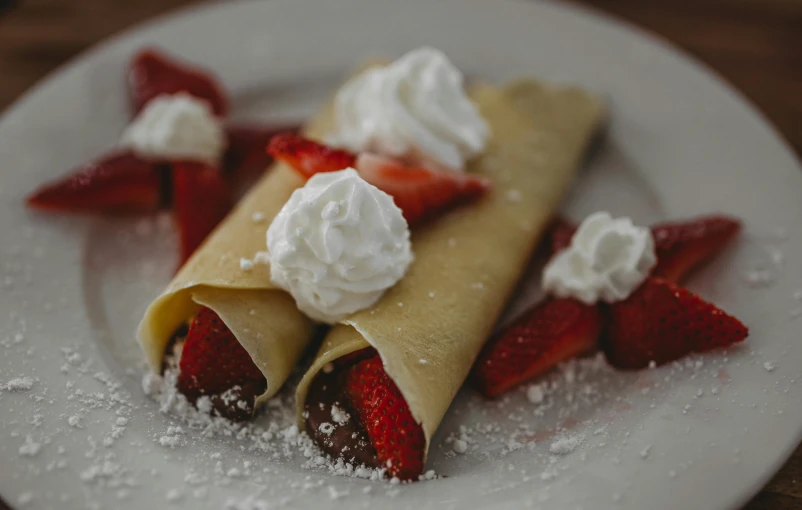 two crepes with whipped cream and strawberries on a white plate, pexels contest winner, scrolls, new mexico, cone shaped, bread