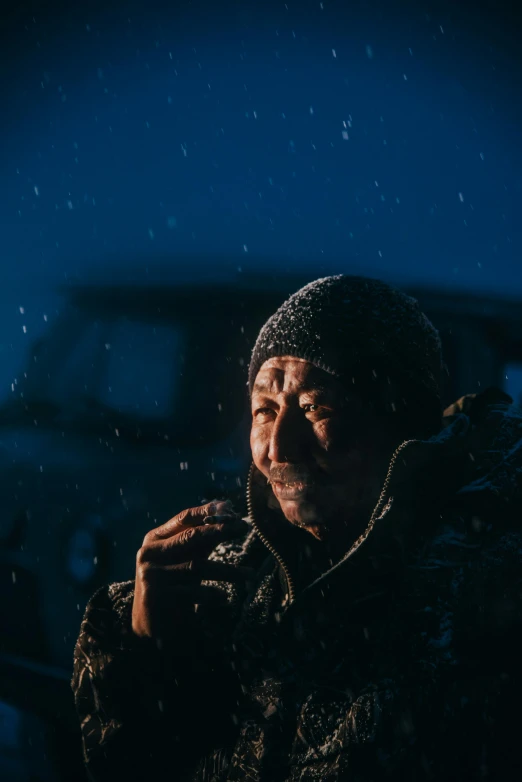 a man that is standing in the snow, a portrait, inspired by roger deakins, pexels contest winner, mongolia, people at night, slide show, movie still of a tired