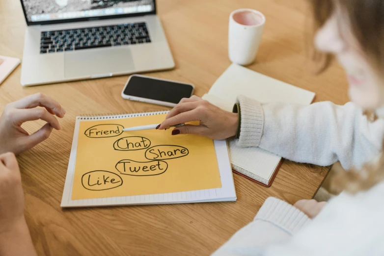 a couple of people that are sitting at a table, a drawing, trending on pexels, lady using yellow dress, social media, whiteboard, close-up photo