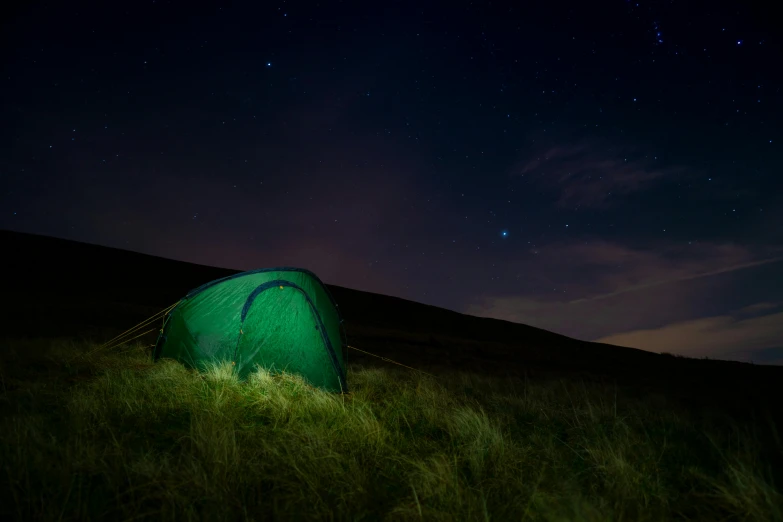 a green tent sitting on top of a lush green field, by Jessie Algie, unsplash contest winner, hurufiyya, under the silent night sky, wales, slide show, asleep