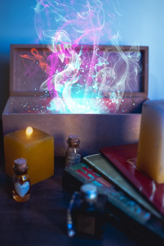 a box filled with candles sitting on top of a table, a hologram, pexels, holography, an arcane wizard casting a spell, brightly coloured smoke, image apothecary, yellow magic theme