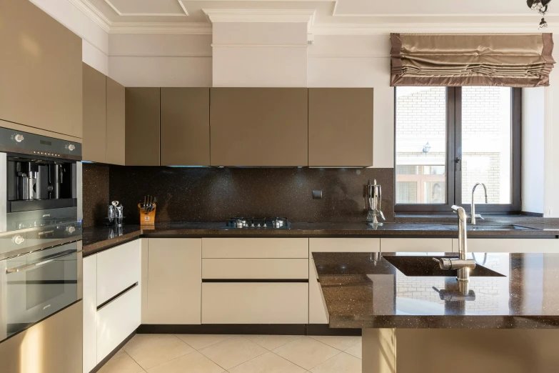 the kitchen is clean and ready for us to use, a portrait, inspired by Richard Wilson, unsplash, luxury hd render, brown and cream color scheme, thumbnail, granite