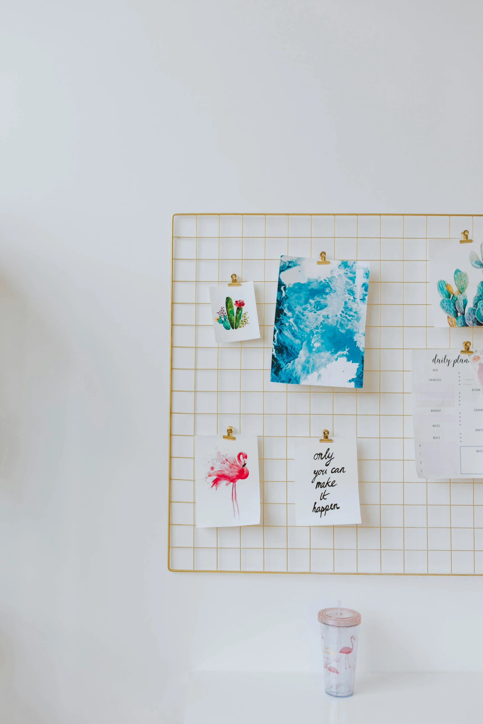 a white desk with a wall mounted memo board, by Nicolette Macnamara, trending on unsplash, visual art, gold wires, flamingos, grid, watercolour