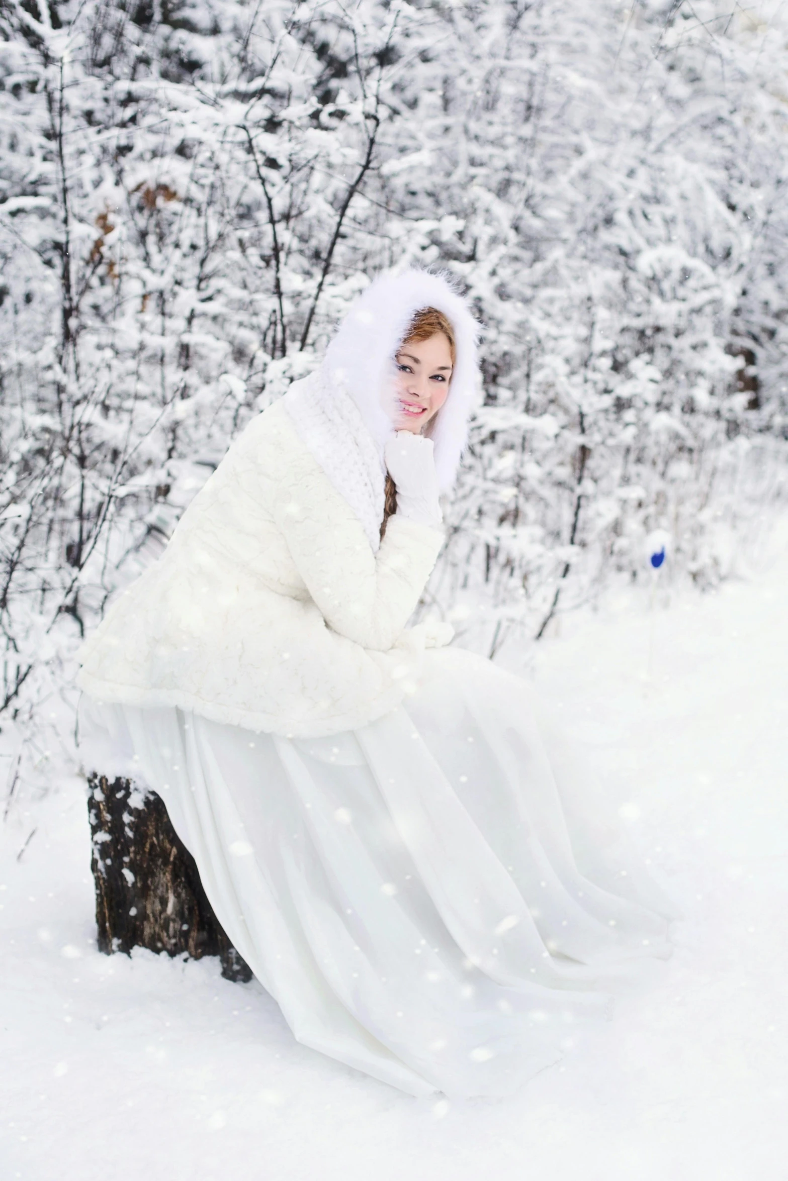 a woman sitting on a tree stump in the snow, an album cover, inspired by Ivan Kramskoi, pexels contest winner, romanticism, in wedding dresses, white hijab, silver，ivory, cutest