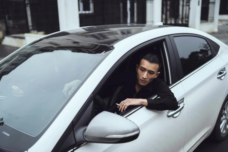 a man leaning out the window of a car, inspired by Ding Yunpeng, pexels contest winner, well-groomed model, square, with white, qifeng lin