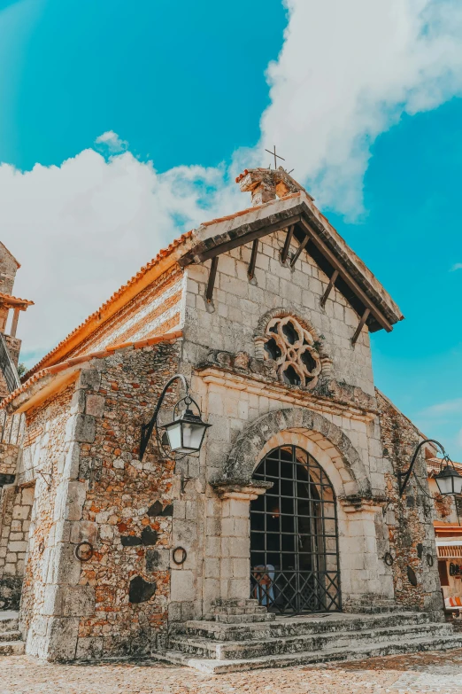 an old stone church with a clock tower, by Andrée Ruellan, trending on unsplash, romanesque, orange roof, 30-year-old woman from cuba, square, peaked wooden roofs