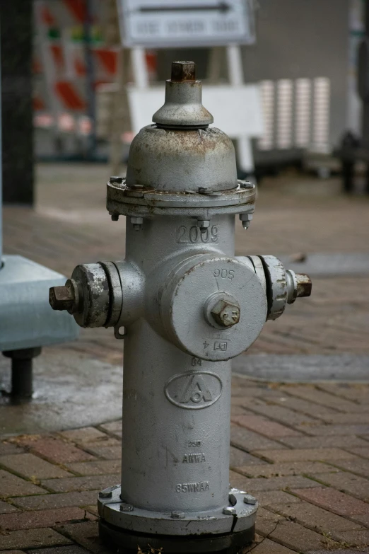 a silver fire hydrant on a brick sidewalk, empty eye sockets, delft, portrait of a slightly rusty, crying engine