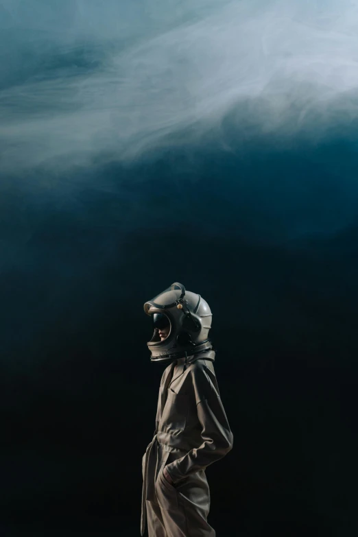 a man in a gas mask standing on a rock, unsplash contest winner, surrealism, woman astronaut, mouth open in a terrifying roar, photo of the middle of the ocean, space helmet