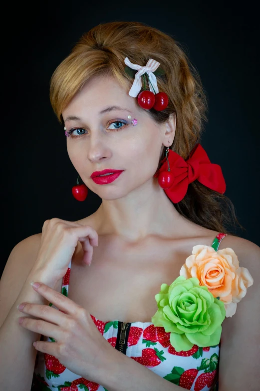 a woman with a flower in her hair, inspired by Mihály Munkácsy, pixabay contest winner, cherries, on a mannequin. studio lighting, plush lips, pinup pose