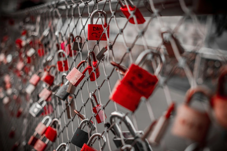 a fence with many padlocks attached to it, pexels contest winner, silver red, romantic lead, 🦩🪐🐞👩🏻🦳, desktop wallpaper