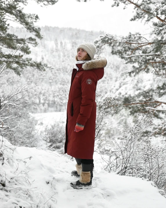 a woman standing on top of a snow covered hill, maroon red, wearing hunter coat, profile image, stockholm