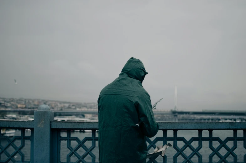 a man standing on top of a bridge holding a skateboard, a picture, pexels contest winner, romanticism, wearing a green cloak, gloomy and depressed, fishing, looking outside