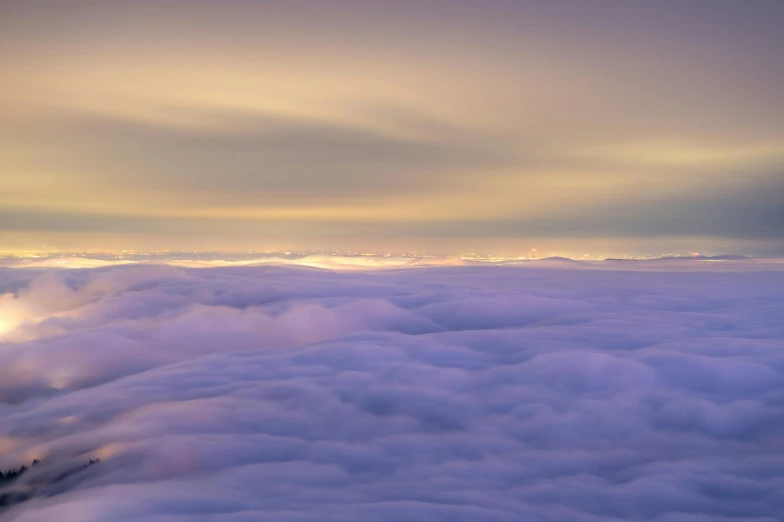 a view of a city from above the clouds, a picture, by Andrew Geddes, pexels contest winner, romanticism, soft lilac skies, layered stratocumulus clouds, sky gradient, ultra wide horizon