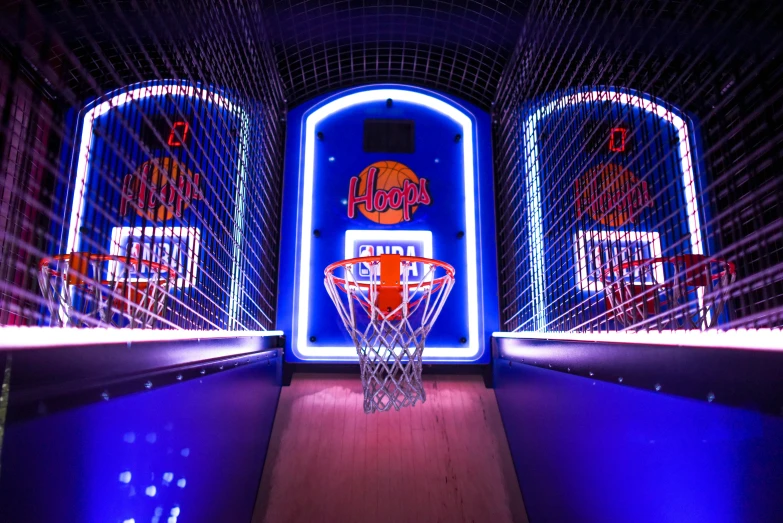 a basketball hoop in the middle of a basketball court, a hologram, dribble, interactive art, neon signs, medieval times, a busy arcade, uhq