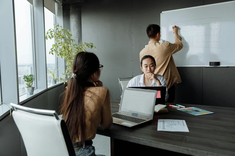 a group of people sitting around a table with laptops, a cartoon, by Adam Marczyński, pexels contest winner, whiteboards, asian female, maintenance photo, background image