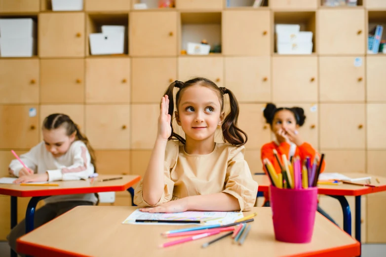 a group of children sitting at desks in a classroom, pexels contest winner, girl with brown hair, very stylized, thinking pose, no watermarks