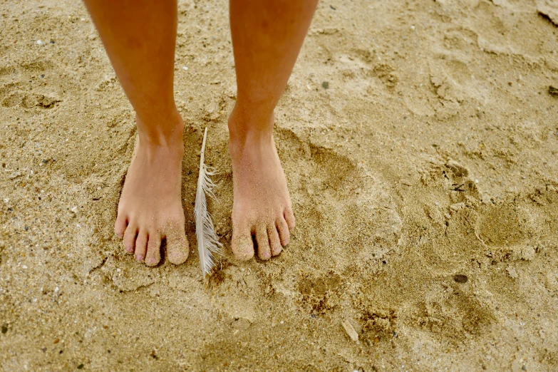 a person standing on top of a sandy beach, by Nina Hamnett, unsplash, renaissance, losing feathers, exposed toes, on a hot australian day, sunken