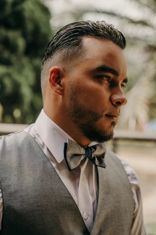 a man wearing a vest and a bow tie, by Robbie Trevino, lush surroundings, hair worn up, gray men, te pae