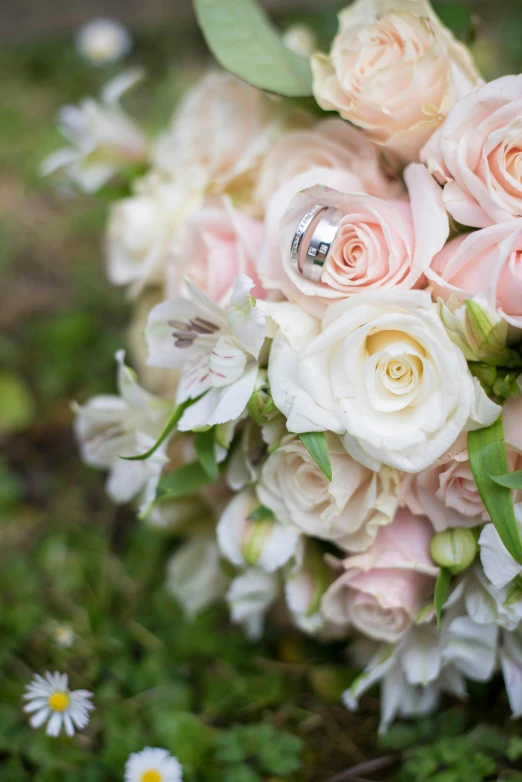 a wedding bouquet sitting on top of a lush green field, light pink tonalities, rings, pearlized, upclose